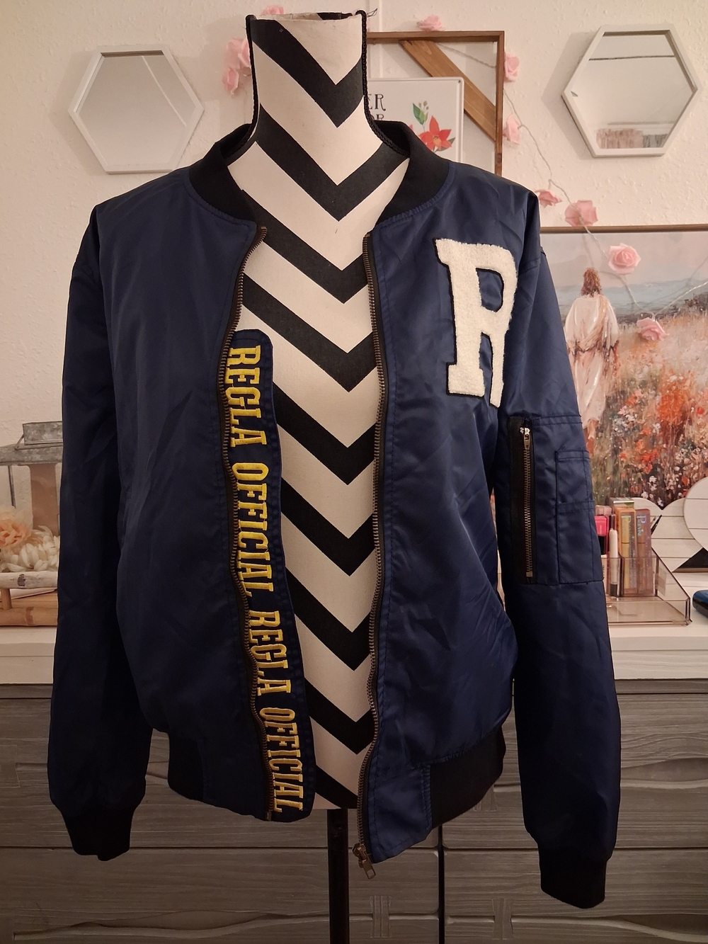 Navy Bomber Jacket with White Chenille 'R' Patch